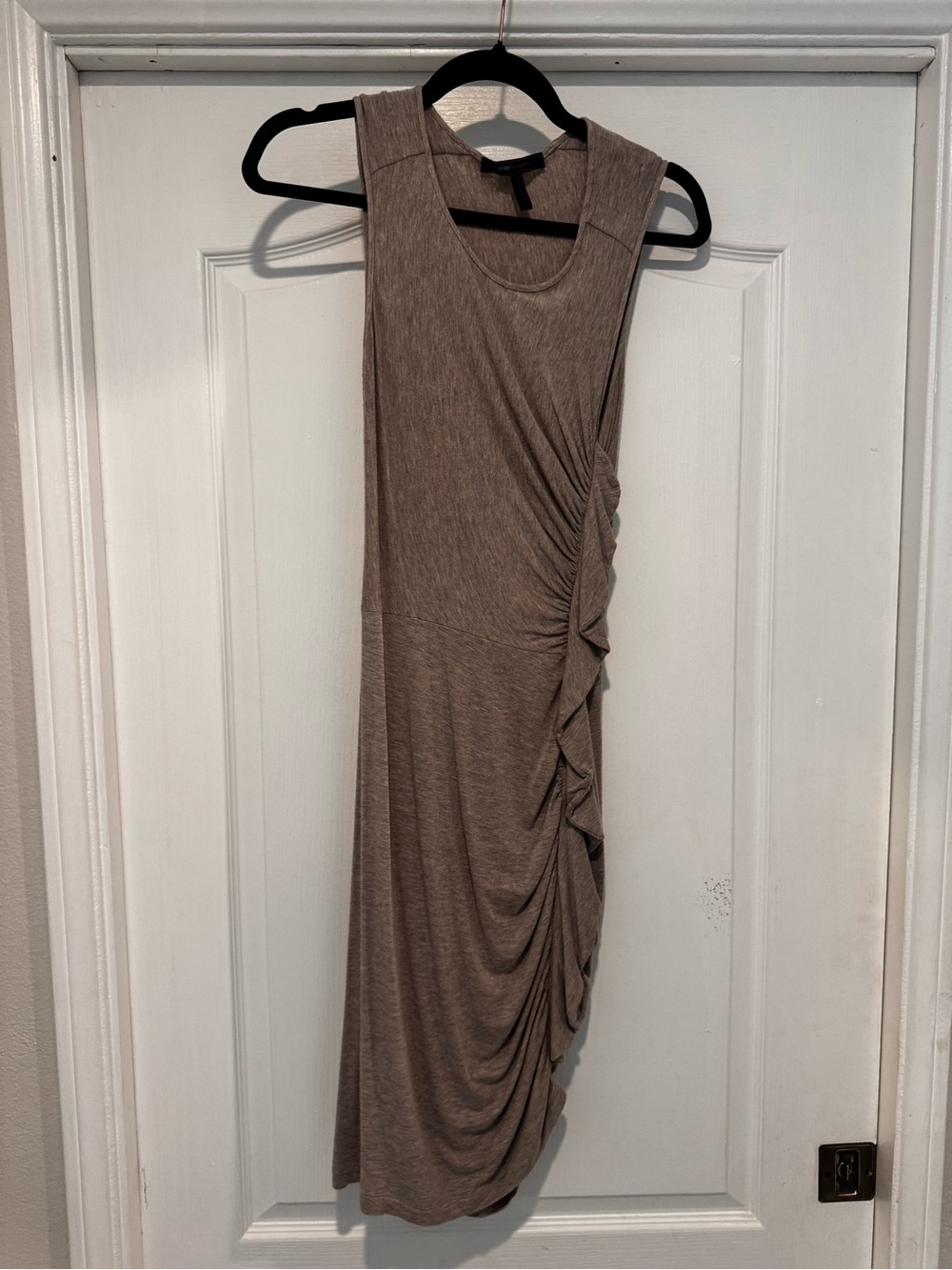 BCBG Sleeveless Ruched Midi Dress in Taupe